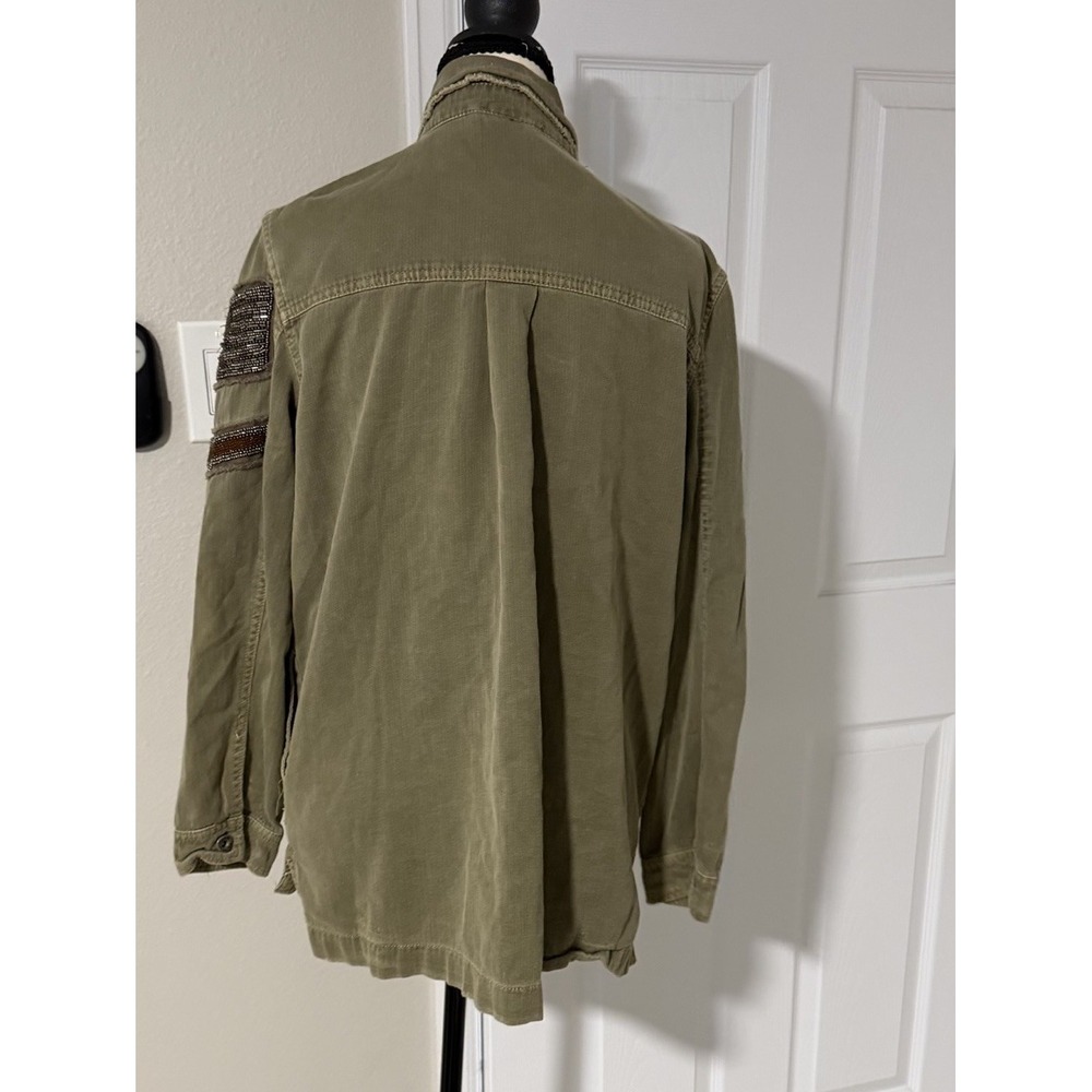 Free People Embellished Military Shirt Jacket Olive Green Beaded Utility - Picture 6 of 10
